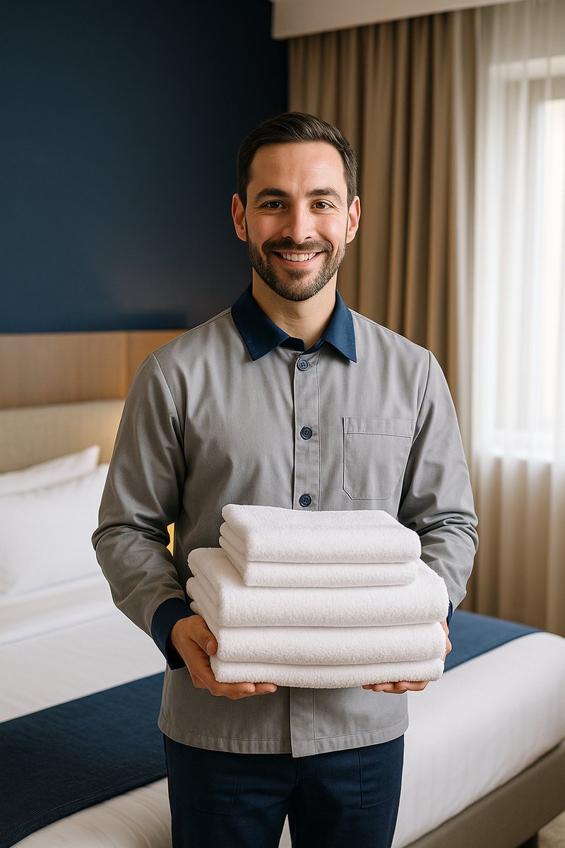 Freundlicher Mitarbeiter von SAKI HSK mit frischen Handtüchern im Hotelzimmer